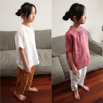 Seven sets of new childrens clothing spring and summer girls linen solid color shirt big children cotton linen casual shirt top parent-child