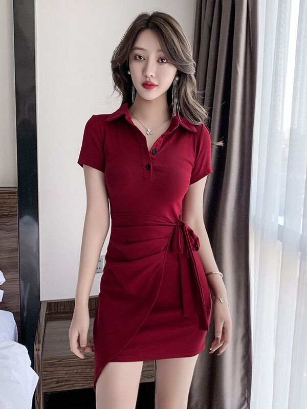 Irregular Style Polo Dress for Women with Unique Design, Niche Tie Waist, Tight-Fitting, Sexy Bodycon Dress for Summer Irregular Style Polo Dress for Women with Unique Design, Niche Tie Waist, Tight-Fitting, Sexy Bodycon Dress for Summer