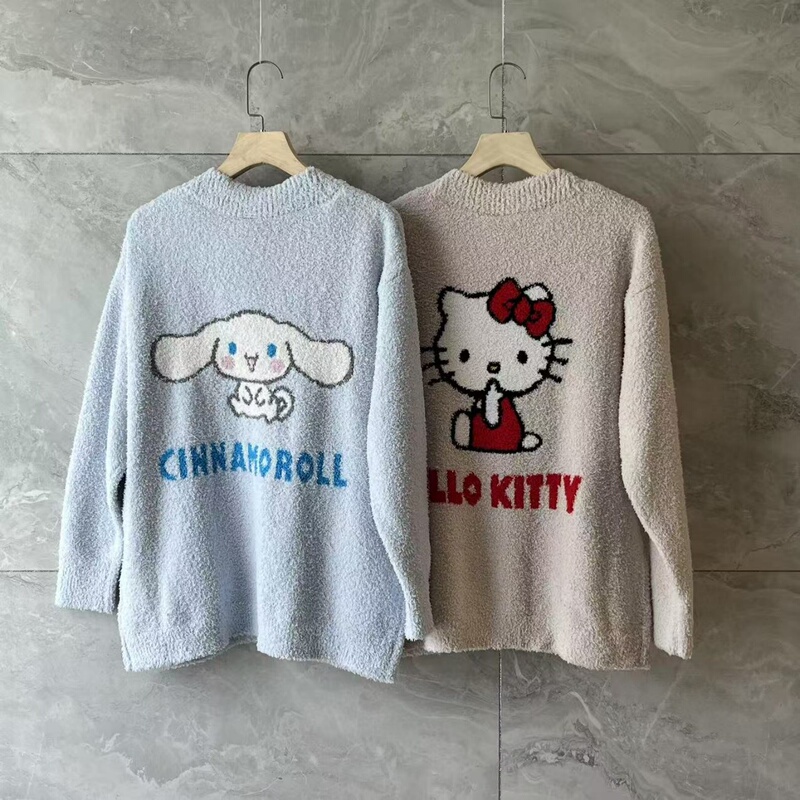 Japanese Sanrio Kt Cat Big-Eared Dog Autumn and Winter New Long-Sleeve Fleece Pajamas for Girls Cute Cartoon Cardigan Homewear