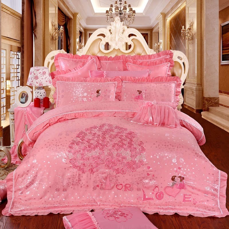 Cotton wedding four-piece group big red embroidery cotton wedding pink quilt cover sheet bed cover new wedding festive bedding