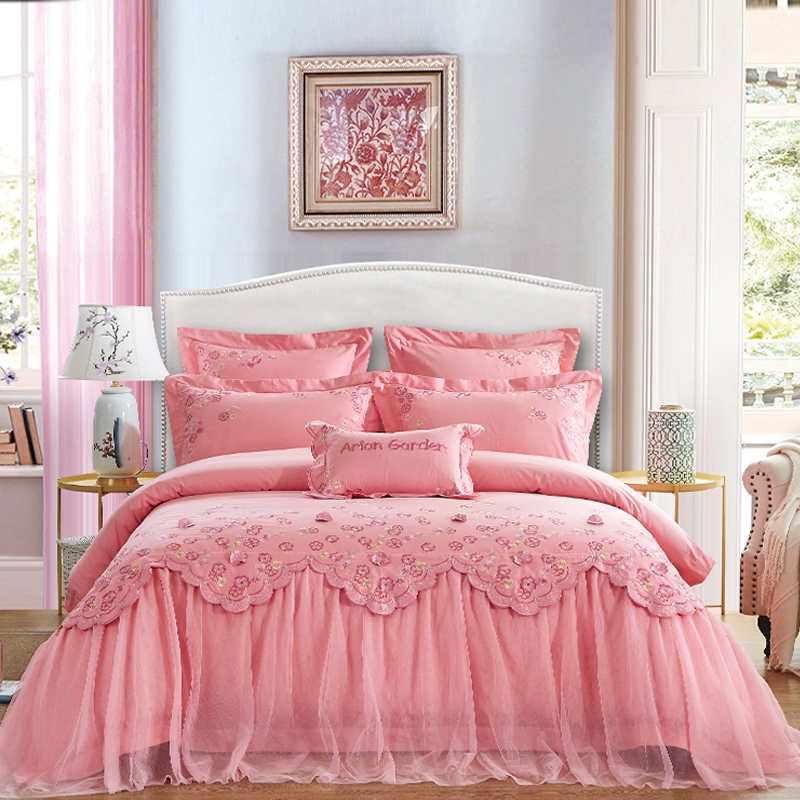 Cotton wedding four-piece princess style pink lace quilt cover festive wedding six or seven sets cotton wedding bed set