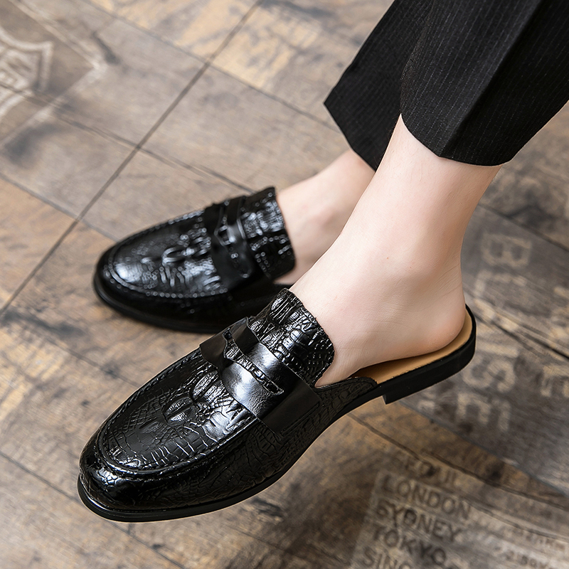 Genuine Leather Breathable Half-Slip Shoes for Men 2026 Summer Closed-Toe Backless Sandals Men's Crocodile Pattern Slip-On Leather Sandals
