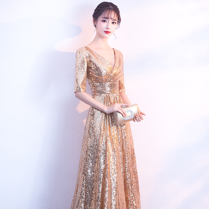 Golden evening dress women 2021 new banquet temperament high-end luxury niche design sense high-end sequin dress