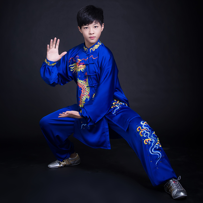 Summer Palace Spring Gem Blue Embroidery Dragon Tai Chi, practicing men martial arts clothing in Taijixin team to suit summer