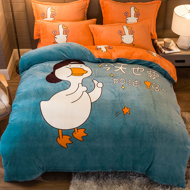 Flannel bed four-piece winter thickened cartoon double-sided coral velvet duvet cover warm milk Falai velvet bed sheet