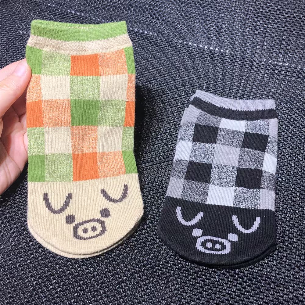 Foreign trade day single adult women's short socks boat socks cartoon cotton socks women's socks one size 35-38 spring and autumn socks plaid - Taobao