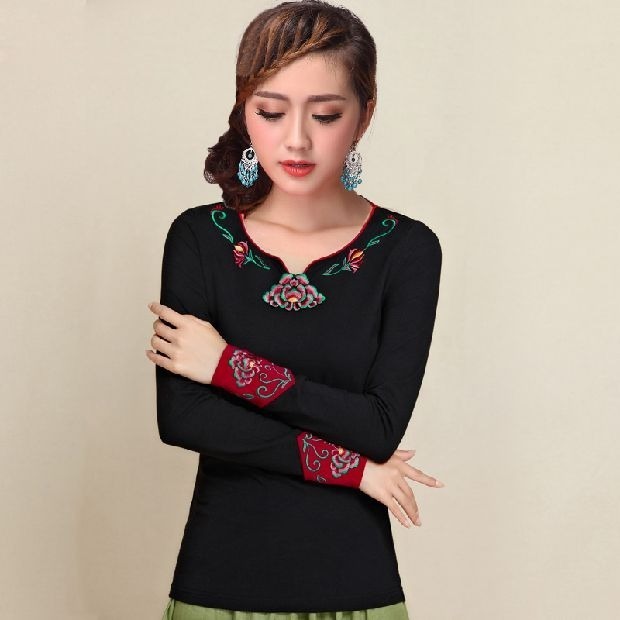 Áo sơ mi nữ phong cách quốc gia retro thêu từ bi kiểu Trung Quốc mới thêu áo sơ mi cotton dài tay áo thun nữ - Áo phông áo phông nữ tay lỡ