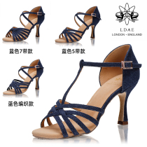 LDAE Latin dance shoes dark blue denim womens adult professional competition Latin professional mid-high heel soft-soled dance shoes