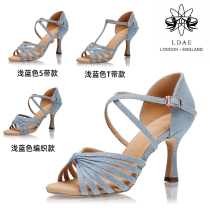 LDAE Latin dance shoes light blue denim cloth female adult professional competition Latin specialties High heel soft bottom dance shoes