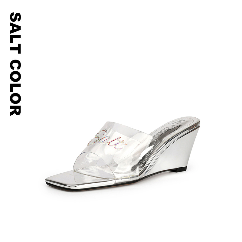 Saltcolor Square Toe Open-Toe Rhinestone Pvc Transparent Strap Wedge Heel Slippers Women's High Heel Sandals Versatile