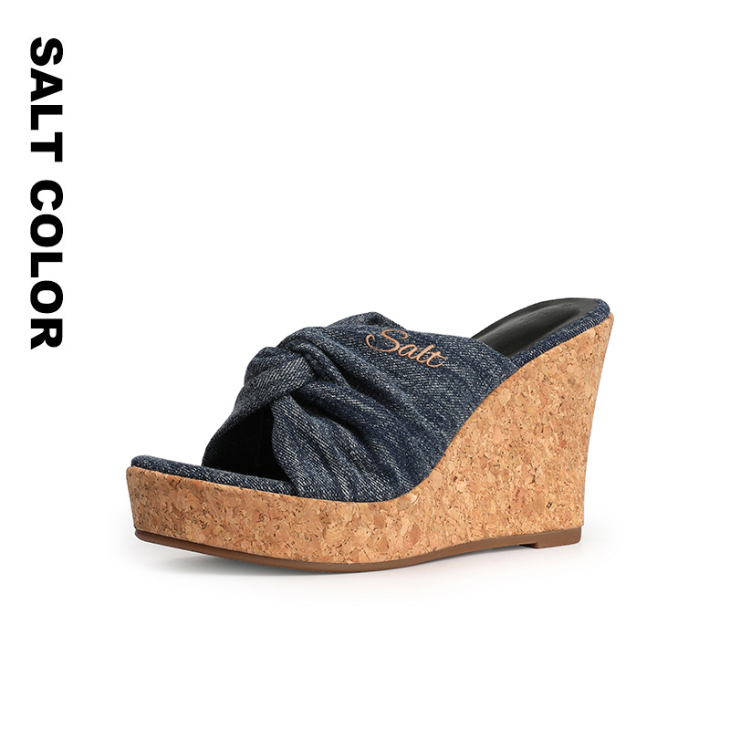 Saltcolor Round Toe Open Toe Wedge Heel Waterproof Platform Thick-Soled Denim Slippers for Women with High Heels and Sandals for Outer Wear