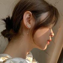 Mori willow leaf asymmetric ear stud female light luxury zircon chain pendant earrings cold wind earring S925 sterling silver needle