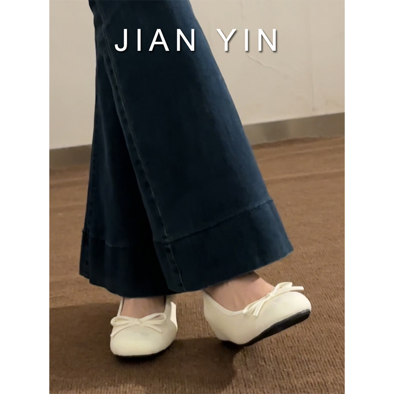 Petite women's ballet-style flats with hidden heels, French bow design, soft sole, casual style, round toe, Mary Jane shoes.