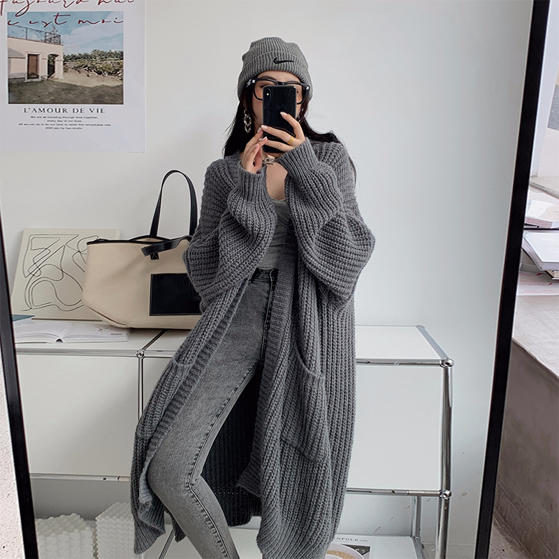 2025 Spring and Autumn Korean Style Long Sleeve Thickened Lazy Style Knitted Cardigan Women's Loose Mid-Length Sweater Coat