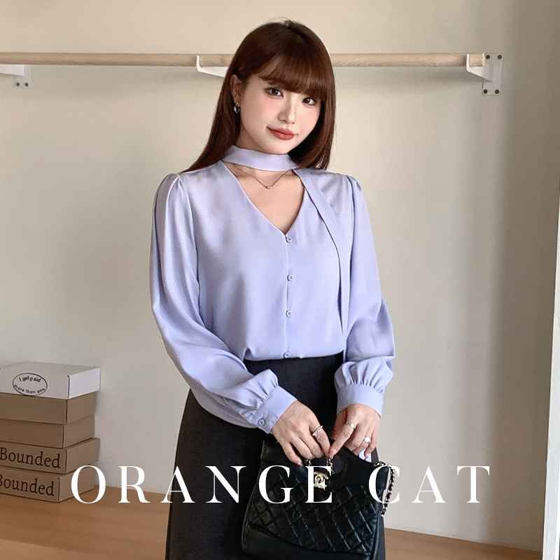 Xiaoju Is a Cat-Themed Korean-Style V-Neck Ribbon Halter Long-Sleeve Shirt for Commuting and Interviews, Plus-Size Professional Blouse for Women Xiaoju Is a Cat-Themed Korean-Style V-Neck Ribbon Halter Long-Sleeve Shirt for Commuting and Interviews, Plus-Size Professional Blouse for Women