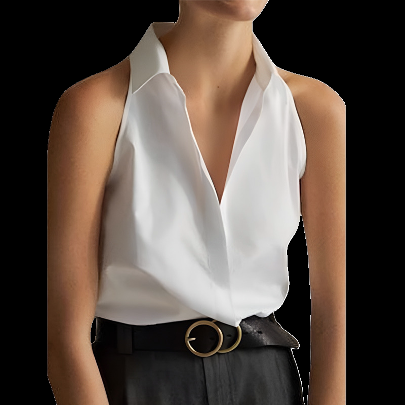 Women's European and American Style New Professional Slim-Fit White Sleeveless Shirt, Summer Cropped Sleeve Shirt, Pure Cotton Top