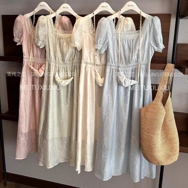 French square neck lace splicing short-sleeved dress with bag