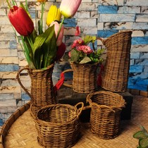 Rattan portable flower arrangement basket vase pot real rattan hand-woven flower shop flower basket living room decoration photo pastoral basket