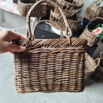 Square double-ear portable basket handbag Wild ivy pure hand-woven rattan basket flower basket picnic basket