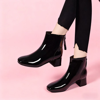 Patent leather short boots for women, round toe, medium heel, thick heel martin boots