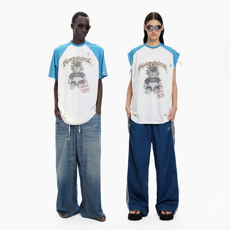 【New Product】Masonprince* Sparkling Diamond Childlike Punk Bear Raglan Sleeve Distressed Tank Top/Short Sleeve