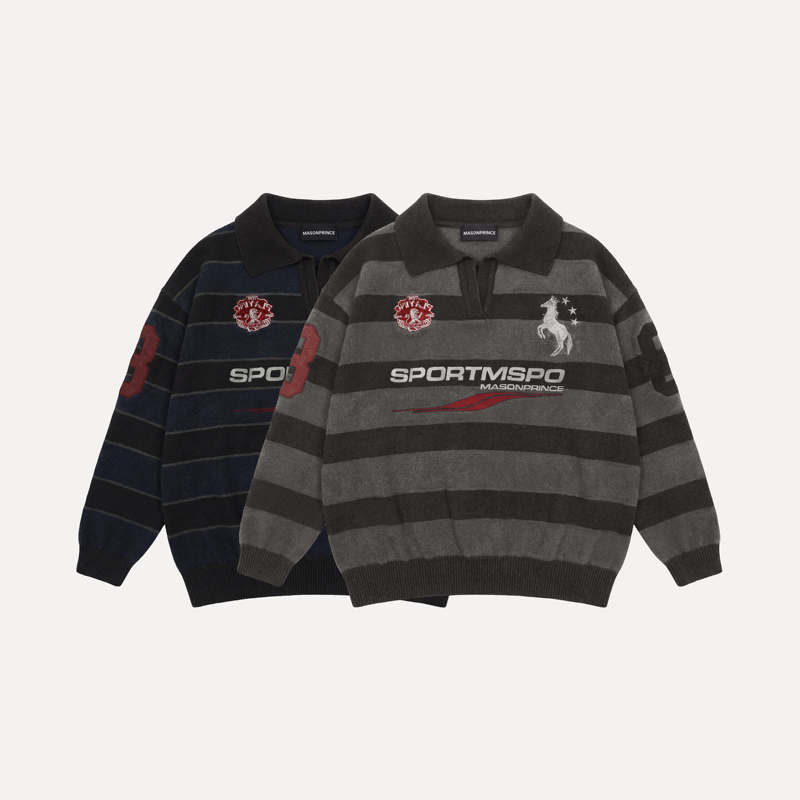 Masonprince* New Year Year of the Horse Limited Edition Deeply Distressed No. 8 Striped Polo Knit Top