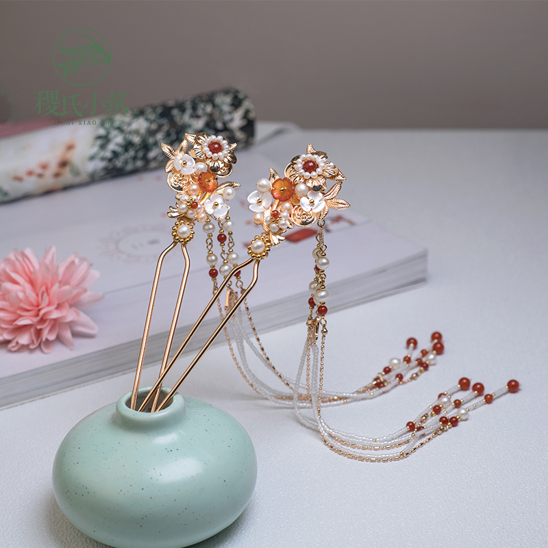 Grass's Little Tsukuba Red Original Handmade Classical Wind Hanfu Fluke Hairpin Hairpin Hairpin