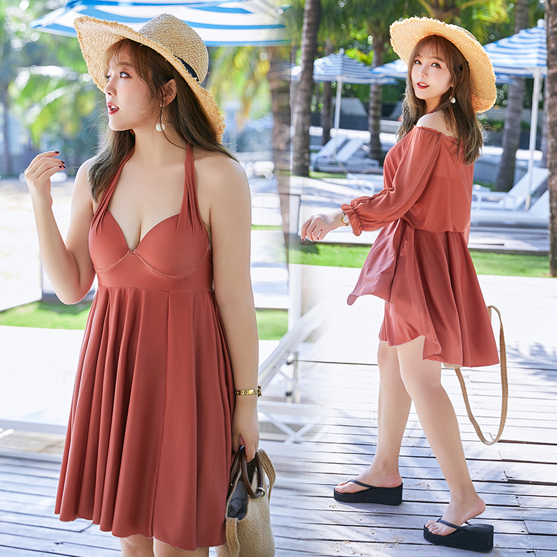 Swimsuit female large size weight mm200 Loose Steel Trust large breasted conserved Skirt Type Flat Angle Long Sleeve Hooded Swimsuit