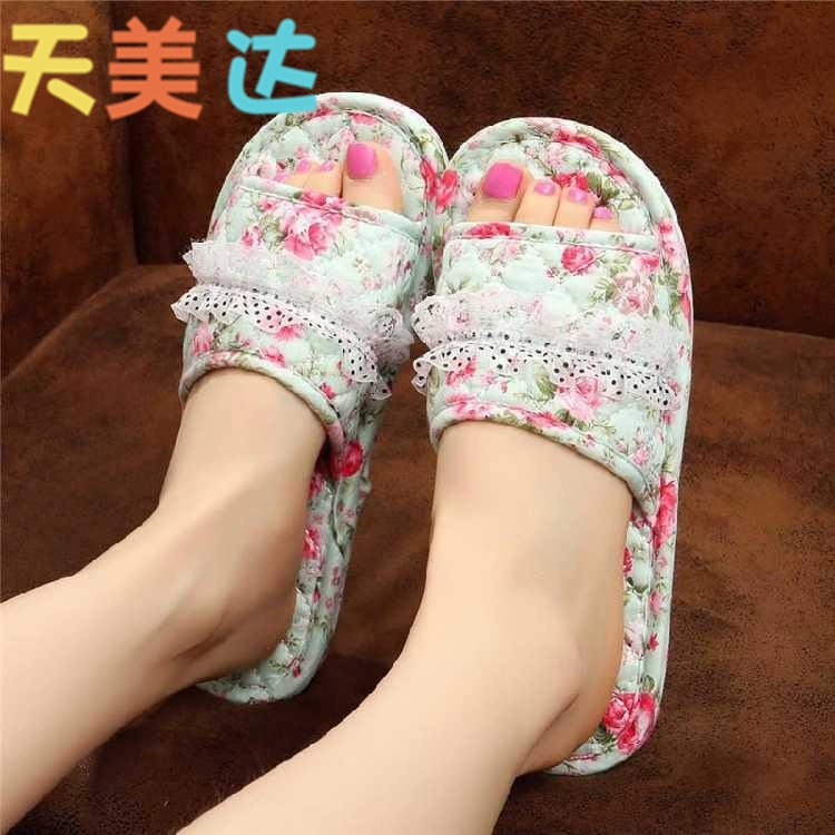 Dép thêu nữ cô gái satin mùa thu và mùa đông mẫu nhà ký túc xá cotton lanh Giày Hàn Quốc sáng tạo nam và nữ thanh lịch - Trang chủ