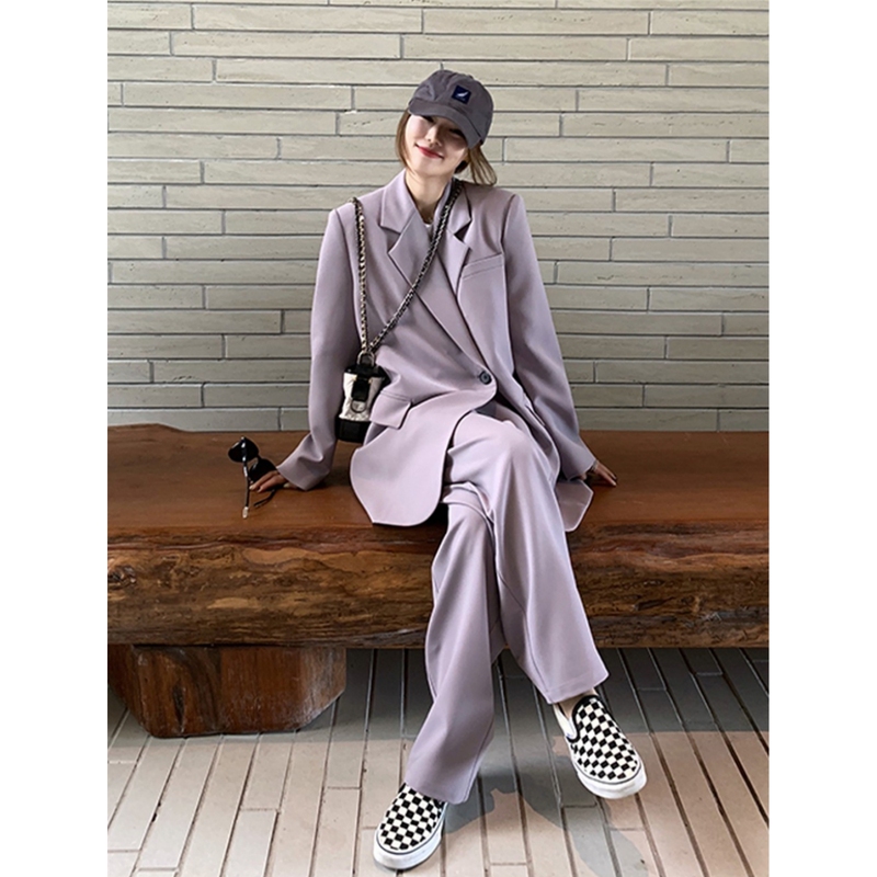Fashion Old Money Style Women's Suit Set Autumn Trendy Loose Purple Blazer and Pants Two-Piece Set