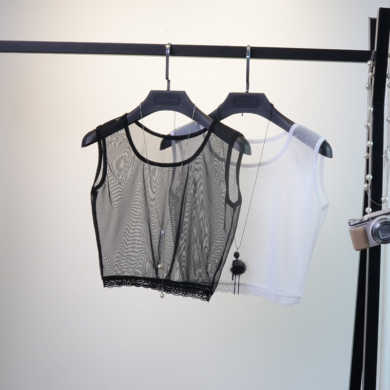 Women's Round Neck Sheer Solid Color Mesh Half-Body Slim-Fit Tank Top with Black Base Layer, Sleeveless Sexy Top, Excellent T-Shirt Women's Round Neck Sheer Solid Color Mesh Half-Body Slim-Fit Tank Top with Black Base Layer, Sleeveless Sexy Top, Excellent T-Shirt