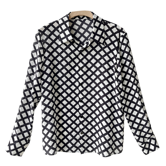 Black and white plaid shirt female spring 2023 new long-sleeved niche retro high-end temperament silk satin shirt