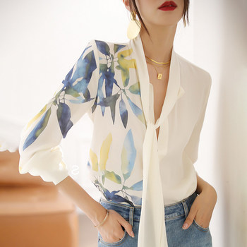 Ribbon silk shirt women's spring and autumn long-sleeved high-end printing design heavy silk shirt French satin top