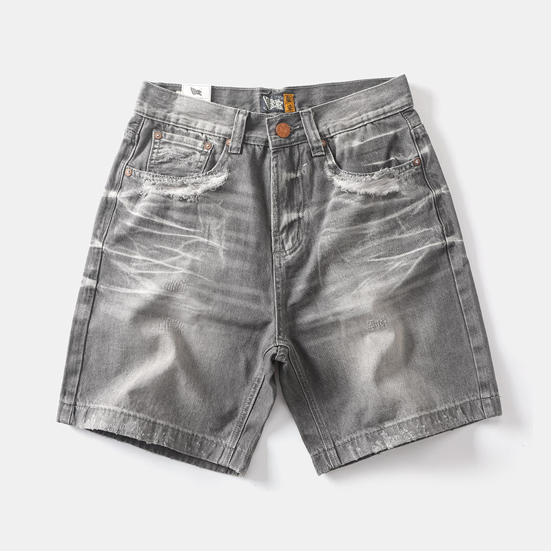 Summer Sand-Washed Denim Shorts, American Retro Casual Straight Loose Five-Point Pants, Ripped Distressed Men's Mid-Length Pants, Trendy Summer Sand-Washed Denim Shorts, American Retro Casual Straight Loose Five-Point Pants, Ripped Distressed Men's Mid-Length Pants, Trendy