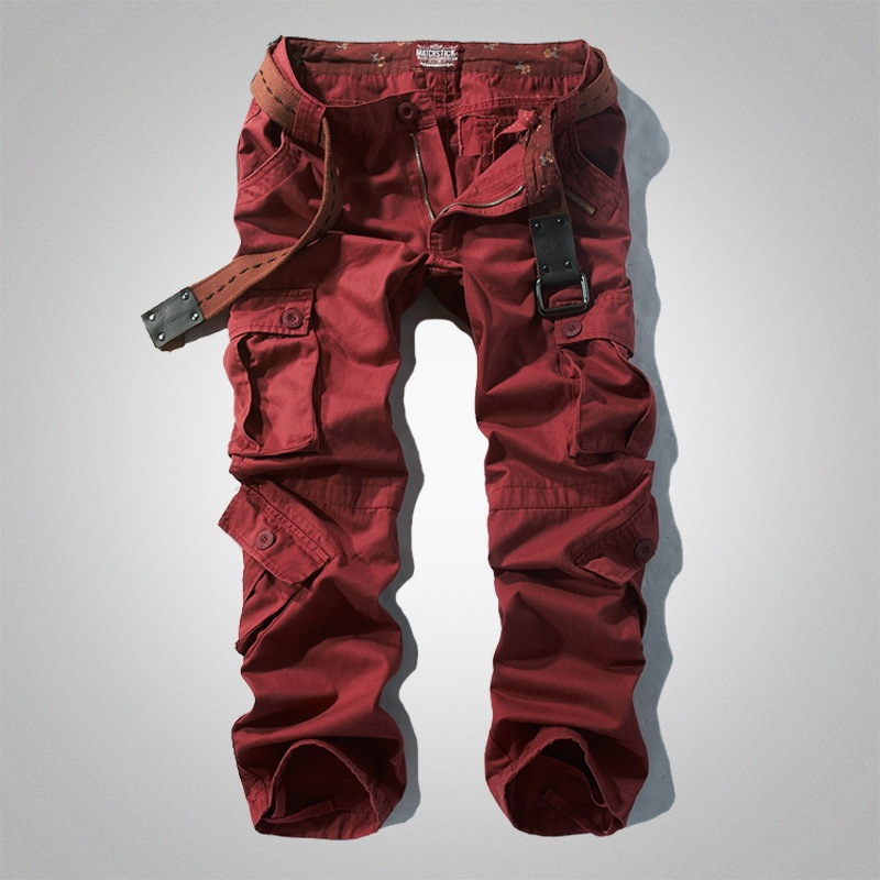 Heavy-Duty Vintage Cargo Pants for Men, Loose Straight-Leg Casual Pants with Multiple Pockets, American-Style Burgundy Outdoor Casual Plus Size