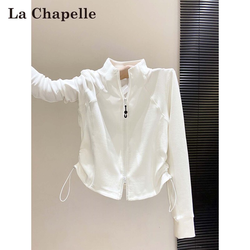 La Chapelle White Stand-Up Collar Short Long-Sleeved Cardigan for Women, New Autumn Design with Drawstring Waist Top T-Shirt La Chapelle White Stand-Up Collar Short Long-Sleeved Cardigan for Women, New Autumn Design with Drawstring Waist Top T-Shirt