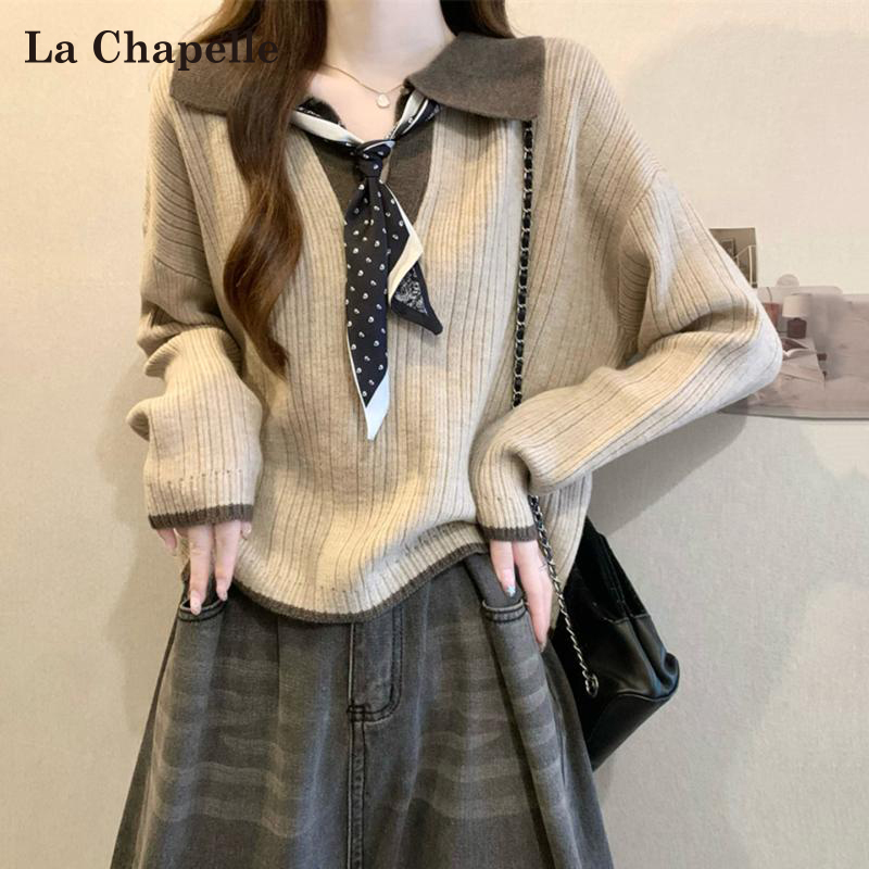 La Chapelle Korean-Style Polo Collar Color-Block Knit Sweater for Women, Autumn and Winter, Lazy Style, Loose Fit, Age-Reducing Base Layer Top