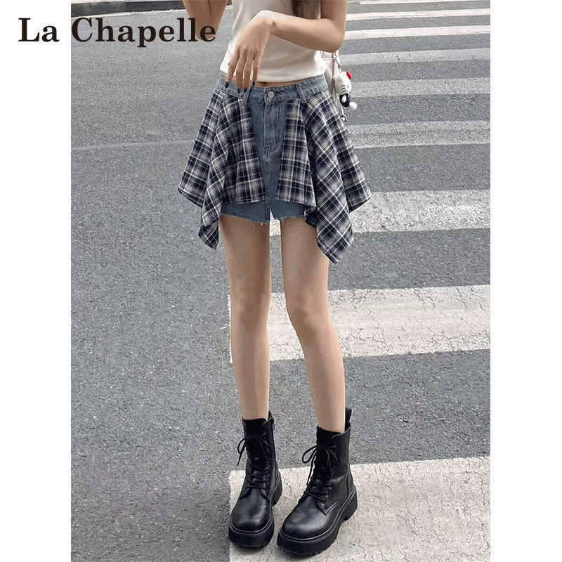 La Chapelle Plaid Patchwork Denim Shorts for Women, Summer Thin Irregular High-Waisted Slimming Hot Girl Skirt Pants