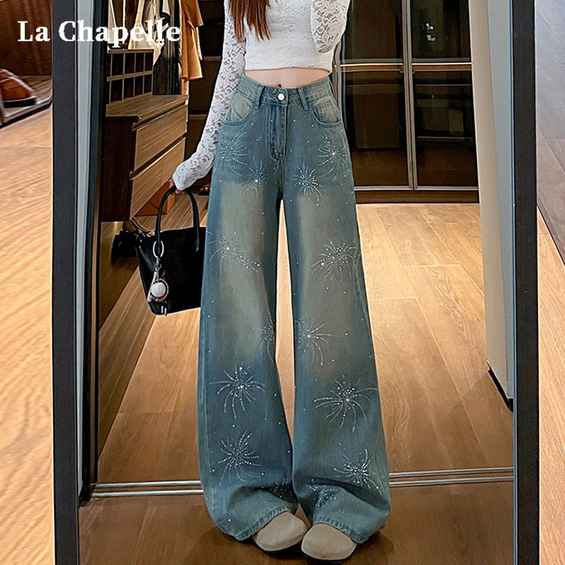 La Chapelle Fireworks Rhinestone Jeans for Women Spring/Summer 2026 New High-Waisted Slimming Loose Straight Wide-Leg Pants