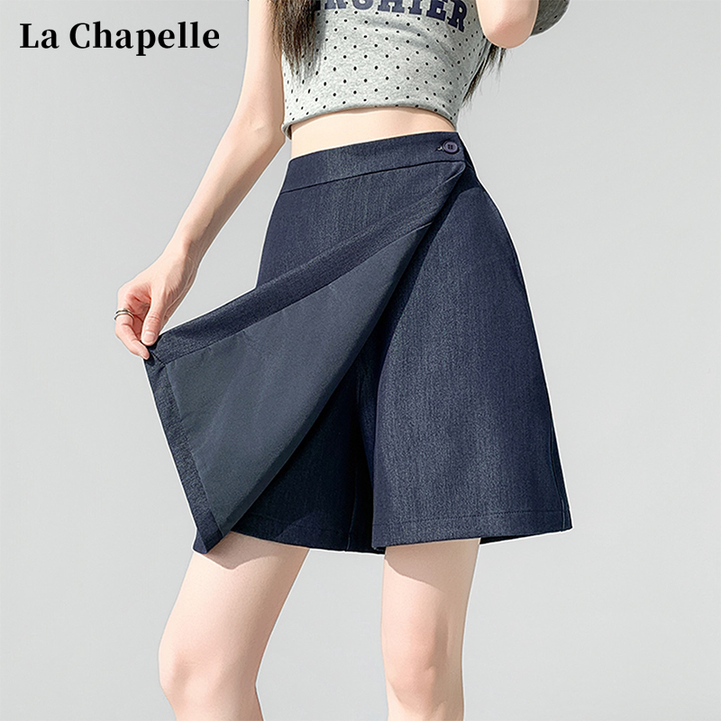 La Chapelle Dark Blue Tencel Denim Shorts for Women, Summer Thin Irregular A-Line Five-Point Wide-Leg Culottes