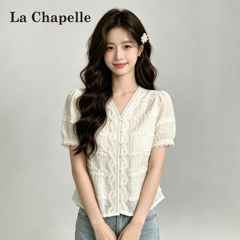 La Chapelle French-Style White Lace Short-Sleeve Shirt for Women, Summer 2026 New Model, High-End Elegant Slim-Fit Top