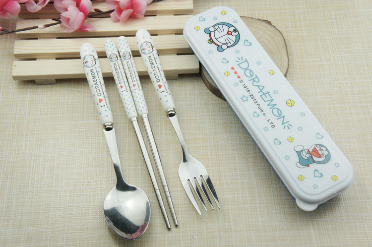 Dễ thương phim hoạt hình KT jingle mèo trẻ em bộ đồ ăn đũa nĩa hộp di động đặt bộ đồ ăn bằng gốm inox ba mảnh - Đồ ăn tối khay đựng đồ ăn dặm cho bé