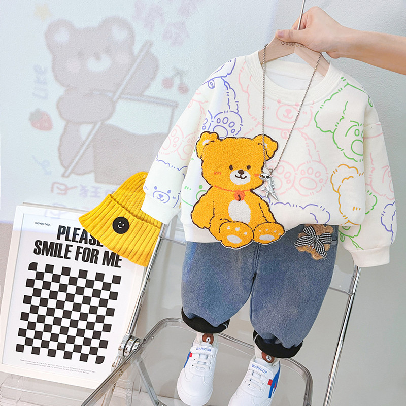 Baby clothes autumn and winter plus velvet suit foreign style cotton boy fashion jeans one-year-old boy baby winter clothes split