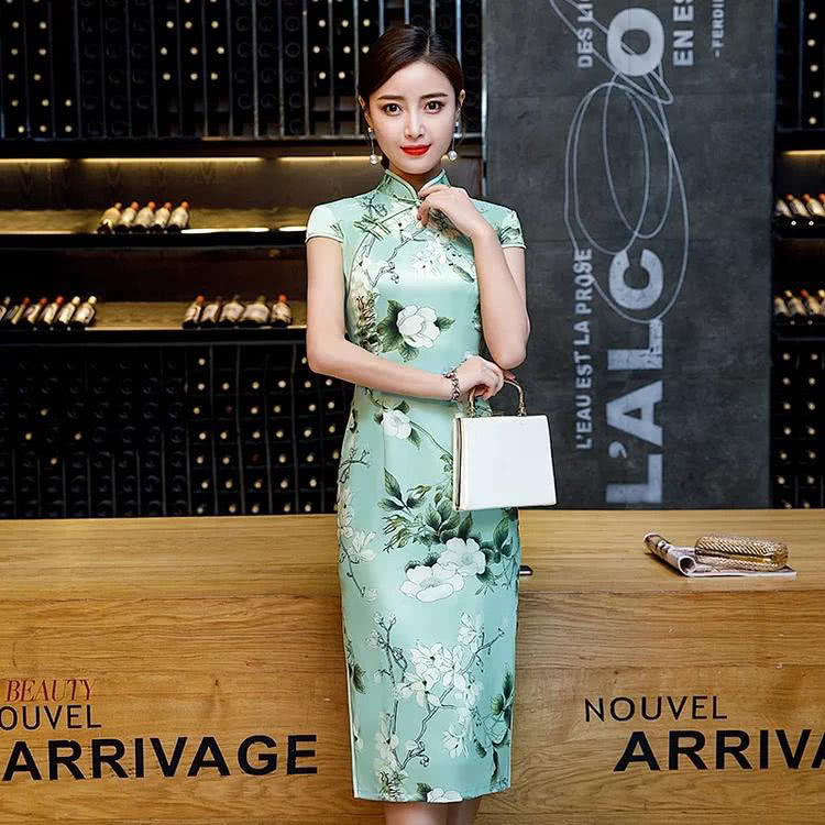 碧色印花端莊旗袍 夏天穿出屬於你的味道 淘寶海外