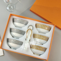 European simple household bone china ceramic bowl combination golden horse-drawn carriage six bowls and six spoons light luxury high-value gift box