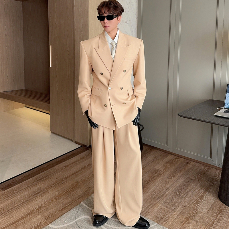 Rocca Khaki Double-Breasted Blazer for Men 2026 Spring New High-End Metal Buckle Suit Set