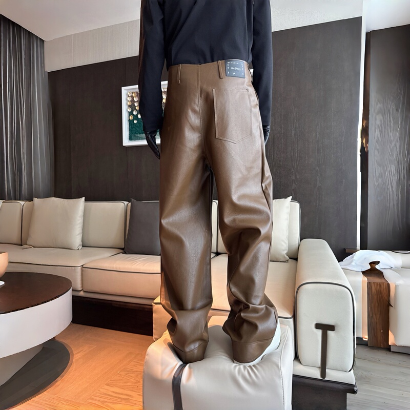 Rocca Brown Leather Pants for Men 2026 New Solid Color Loose Wide-Leg Pu Leather Casual Pants Long Pants