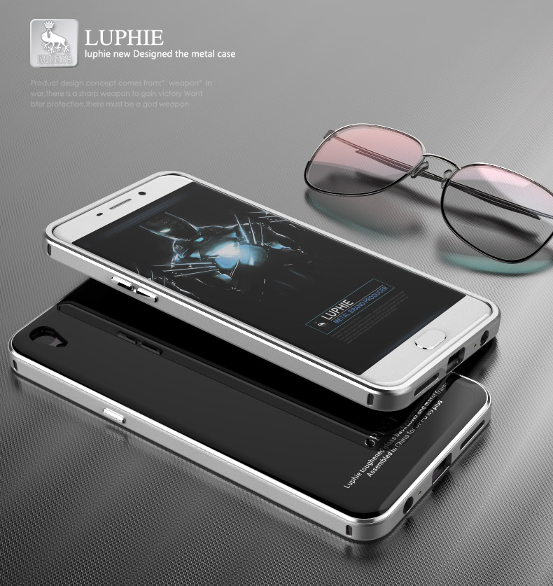 Luphie Aircraft Aluminum Metal Frame 9H Tempered Glass Back Cover Case for OPPO R9 Plus