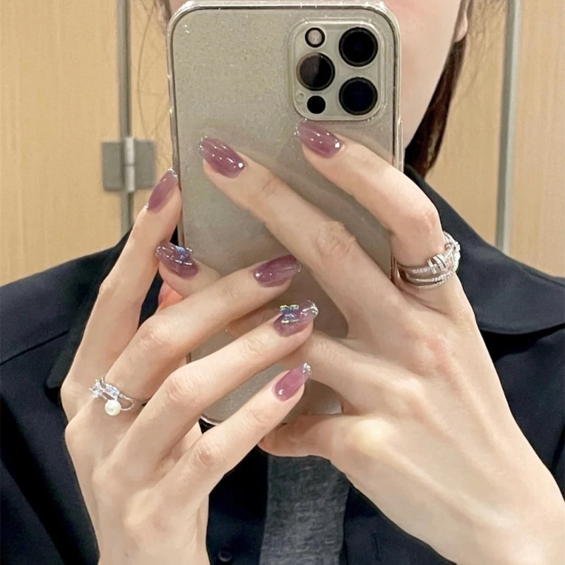 Fake Nails, Same Style as on Xiaohongshu, Smoky Purple Butterfly Manicure, Wearable Nails, Removable Fake Nails, Handmade Phototherapy Nail Tips