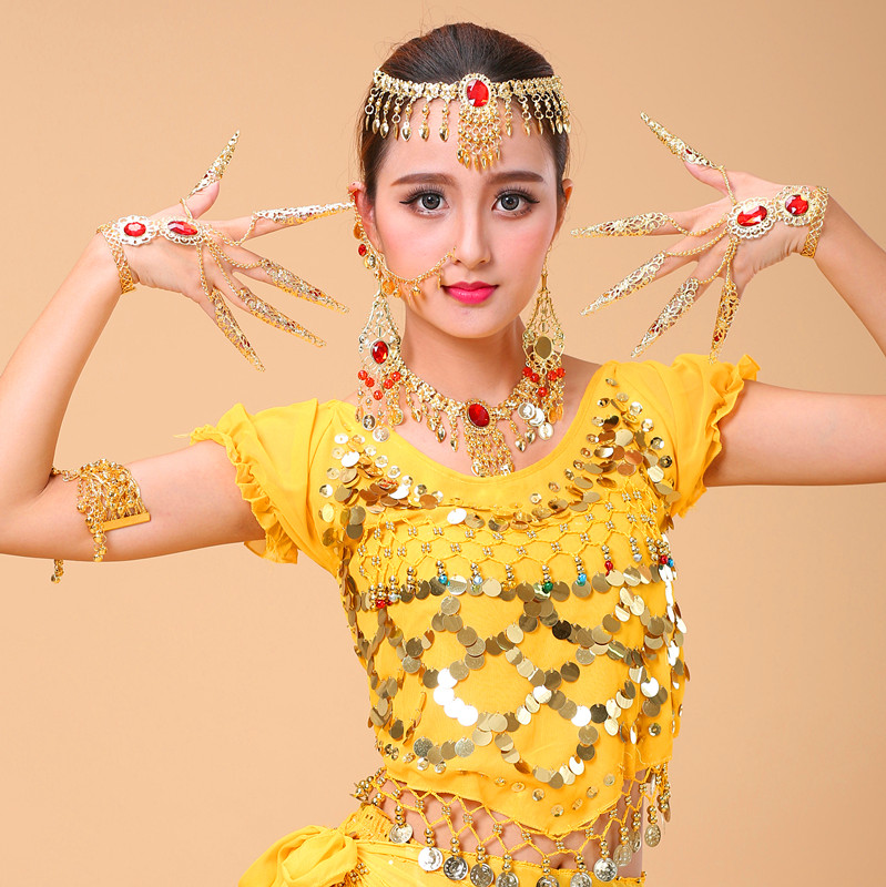 New Indian dance stage table performance Ornament Belly Leather Dance Necklace Earrings Brow Pendant Head Accessories Arm Chain Nail Sleeve